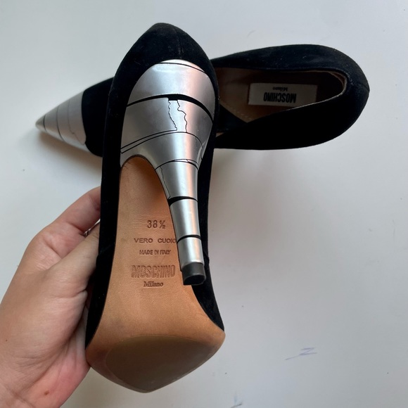 Moschino Authentic Leather Black Suede Metallic Tow-Tone High Heels - Picture 5 of 7